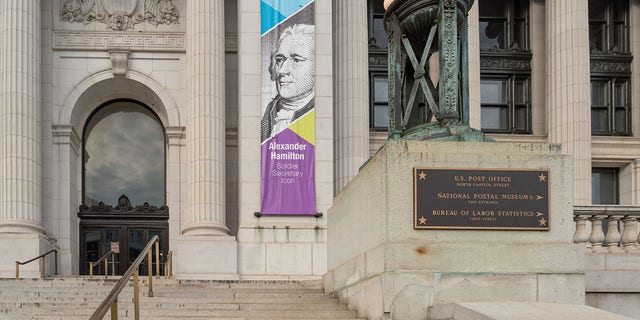 Roman column of external National Postal Museum building in Washington DC, USA (US Post Office)