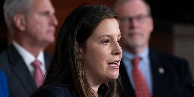 Republican conference chair Rep. Elise Stefanik, R-N.Y., speaks with reporters during a news conference on Capitol Hill, Wednesday, Nov. 3, 2021, in Washington. (AP Photo/Alex Brandon)