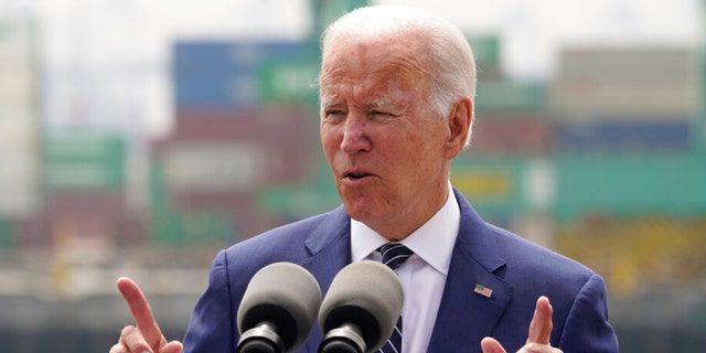 President Biden speaks about inflation and supply chain issues at the Port of Los Angeles, Friday, June 10, 2022, in Los Angeles. 